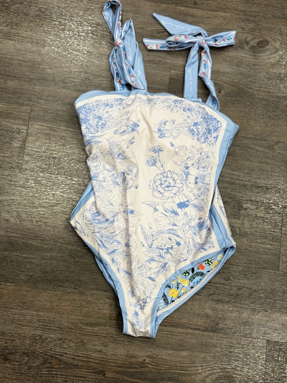 Reversible Light Blue Floral Tie-Shoulder One-Piece Swimsuit - Picture 3 of 4